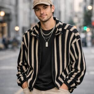 Urban Outfitters Black and Cream Striped Zip-Up Jacket Size Large